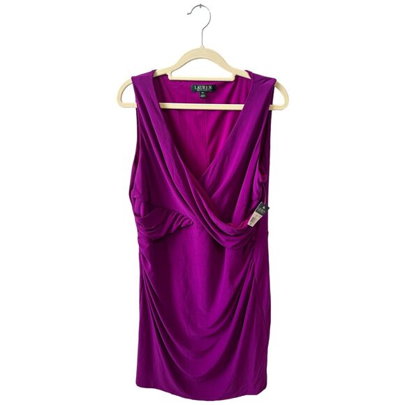 Lauren Ralph Lauren Bodycon Dress Women's Petite 16P Purple Ruched Wrap V Neck - Picture 1 of 12